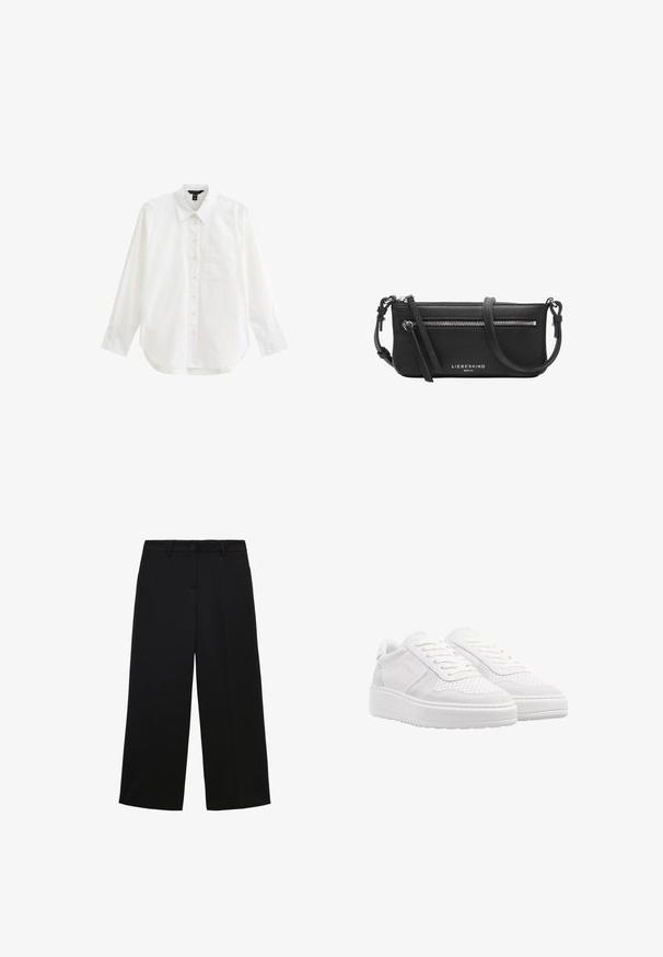 Witte langek mouw shirt van katoen, met een knopenlijst aan de voorkant, kraag, enkele borstzak en een ronde onderrand. Glad van textuur.; Zwarte wide-leg broek van lichtgewicht stof, met een knoopsluiting, voorkeurszakken en een nette, op maat gemaakte afwerking.; Witte sneakers met een bovenwerk van suede en geperforeerd leder, platte veters, een gevoerde kraag en een dikke, gestructureerde rubberen zool.; Zwarte leren crossbodytas met een ritsvak aan de voorkant, verstelbare band en zilveren "Liebeskind Berlin" logo.