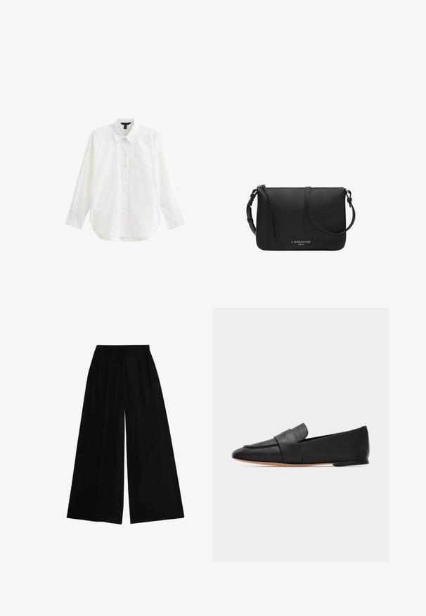 Camisa blanca de manga larga hecha de algodón, con frente abotonado, cuello, un bolsillo en el pecho y dobladillo redondeado. Textura suave.; Pantalones de pierna ancha negros con una cintura alta, hechos de una tela suave, que presentan pliegues planchados para aportar estructura y un ajuste a medida.; Mocasín plano de cuero negro con punta puntiaguda, banda ancha en la parte frontal y suela marrón clara, mostrado de perfil sobre fondo blanco.; Bolso bandolera de cuero negro con correa ajustable, cierre de cremallera y logo "LIEBESKIND BERLIN" en el centro frontal.