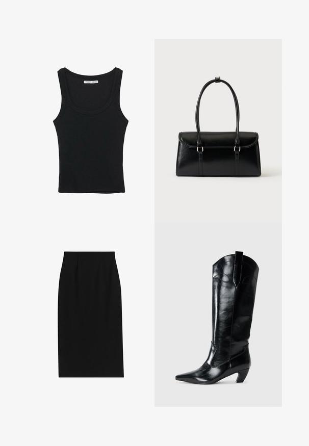 Sort ribbet ærmeløs tanktop med rund halsudskæring og lige kant, etiket på indersiden bag på nakken.; Sort blyantskørt med en glat tekstur, skræddersyet pasform og lodrette læg ved taljen, designet til en elegant silhuet.; Sorte læderknæhøje støvler med spids tå, lav hæl og dekorative syninger på siderne. Glat, blank overflade.; Sort rektangulær læderhåndtaske med klaplukning og to lange håndtag mod en ensfarvet hvid baggrund.