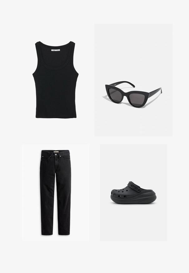 Sort ribbet ærmeløs tanktop med rund halsudskæring og lige kant, etiket på indersiden bag på nakken.; Sorte straight-leg jeans med knap- og lynlåslukning, bæltestropper samt for- og baglommer, vist fladt på hvid baggrund.; Sorte gummiklipper med ventilationshuller, hævet hæl og justerbar rem. Glat tekstur og rund form.; Sorte cat-eye solbriller med mat finish, der har grå tonede linser, skarpe vinkler og slanke sidearme. Mærkenavnet er synligt på den indre arm.