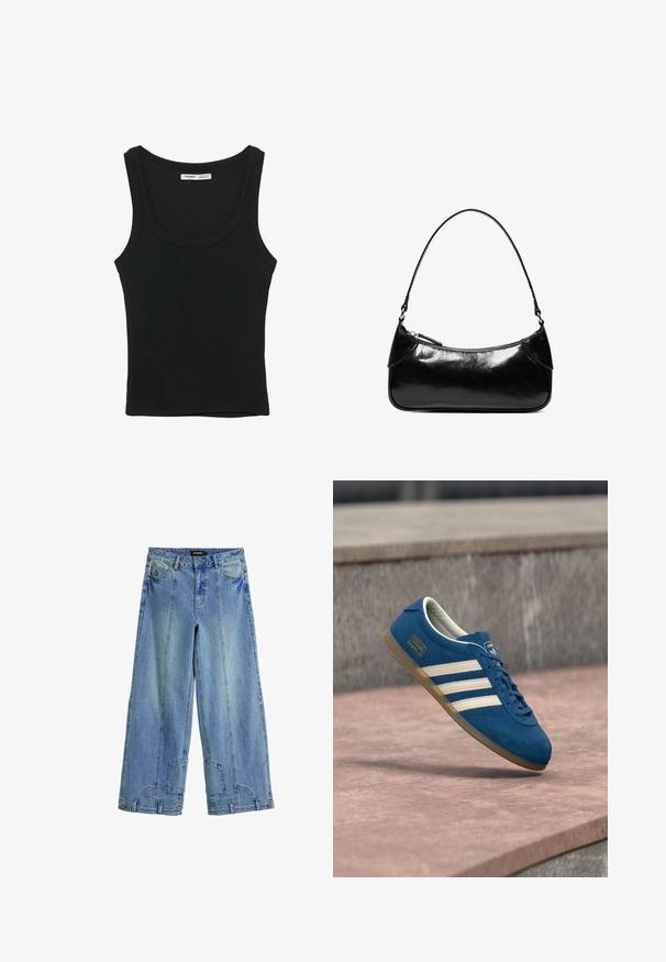 Sort ribbet ærmeløs tanktop med rund halsudskæring og lige kant, etiket på indersiden bag på nakken.; Lysblå, brede jeans i denim med høj talje, markante syninger og lappe-lignende detaljer på baglommerne.; Blå ruskindsneaker med cremefarvede striber og snørebånd, sål af gummiridse, tekstureret overflade, rundet tå og mærkning på siden.; Sort, blank skuldertaske i læder med et enkelt rum med lynlås og en tynd rem buet i en bueform.