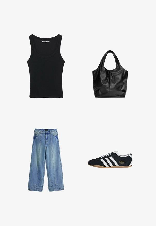 Zwarte geribde mouwloze tanktop met een ronde halslijn en rechte zoom, label aan de binnenkant van de achterkant van de nek.; Lichtblauwe wijde jeans van denim, met een hoge taille, opvallende stiksels en patchachtige accenten op de achterzakken.; Zwarte suède sneaker met witte drie strepen, gouden logo en een bruine rubberen zool. Heeft een laag profiel vetersluiting ontwerp.; Zwarte leren tote bag met een gladde textuur, een zachte ronde bovenkant en brede handvatten. Kenmerkt zich door minimale stiksels en een slungelige silhouet.