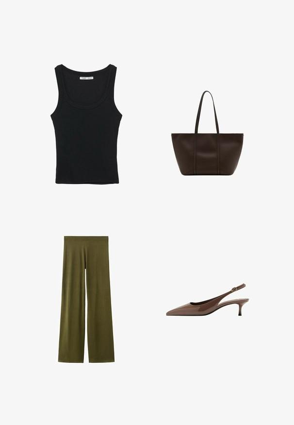 Débardeur noir côtelé sans manches avec un col rond et un ourlet droit, étiquette à l'intérieur du dos du cou.; Pantalon à jambes larges vert olive à texture lisse avec une ceinture élastique, présenté à plat sur un fond blanc.; Escarpin bride arrière en cuir verni marron avec bout pointu, fine bride à boucle et petit talon haut.; Grand sac cabas en cuir marron foncé avec deux longues anses, design simple, texture lisse et sans logo ou ornement visible.