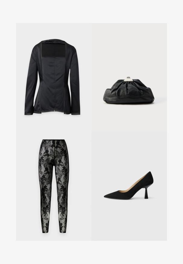 Blazer noir à manches longues avec ouverture avant, en tissu lisse légèrement brillant et coutures cintrées, montré de dos sur un fond uni.; Leggings en dentelle noire avec un motif floral, en tissu transparent, et une coupe ajustée, dotés d'une taille lisse et d'ourlets fermés.; Pompe à talons hauts en suède noir avec un bout pointu, dotée d'un talon bloc noir brillant et d'une doublure intérieure lisse.; Pochette en cuir noir avec une texture plissée, fermeture à fermoir métallique, et logo embossé discret sur le devant. Forme arrondie.