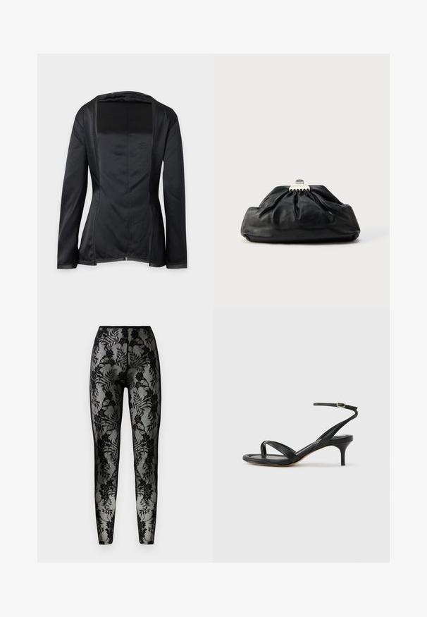 Sort langærmet blazer med åbent frontstykke, lavet af et glat, let skinnende stof og med skræddersyede sømme, vist bagfra på en ensfarvet baggrund.; Sorte blonde leggings med blomstermønster, gennemsigtigt stof og en tæt pasform, med en glat talje og lukkede sømme.; Sort damesandal i læder med tynde remme, en tå-loop, ankelspænde og en mellemhøj stiletthæl på en neutral baggrund.; Sort læderclutch med en samlet tekstur, metal lukning og diskret præget logo på forsiden. Rundet form.