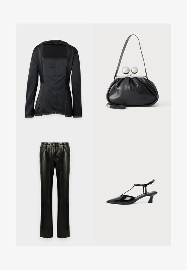 Blazer noir à manches longues avec ouverture avant, en tissu lisse légèrement brillant et coutures cintrées, montré de dos sur un fond uni.; Pantalons droits en simili cuir noir avec fermeture à bouton et à glissière, passants de ceinture et poches latérales, présentés sur un fond blanc.; Chaussure slingback en cuir verni noir à bout pointu avec bride en T et petit talon bloc incliné sur fond blanc.; Sac à main en cuir noir avec un design plissé, une sangle unique, un cadre métallique argenté et deux grandes fermoirs ronds en argent.