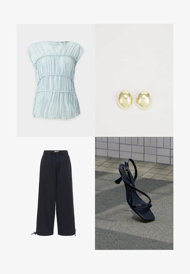 Blouse bleu clair à manches courtes avec plis verticaux et détails de coutures horizontales, encolure ronde et fermeture boutonnée dans le dos.; Pantalons larges noirs en tissu doux, avec une taille élastiquée et des liens réglables aux chevilles pour un ajustement personnalisable.; Sandale noire à talon avec un bout carré, dotée de fines lanières et d'un petit talon bloc. Matière lisse et brillante avec un accent doré.; Boucles d'oreilles en métal doré avec une forme lisse et arrondie et une finition polie. Design simple sans embellissements supplémentaires.