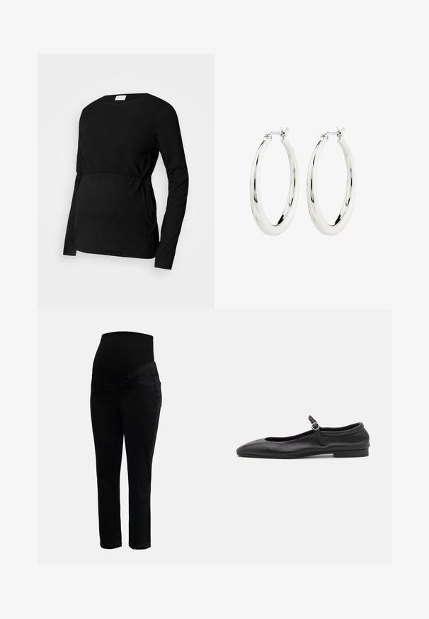 Schwarzes Langarm-Maternity-Top aus strukturiertem Stoff. Es hat eine geraffte Taille und seitliche Bänder für eine verstellbare Passform.; Schwarze Umstandshosen mit dehnbarem, hohem Bund und schlankem Bein, entworfen für Komfort und Unterstützung während der Schwangerschaft.; Schwarze Leder-Ballettschuhe mit einer abgerundeten Zehe, schmalem Vorderblatt und einem kleinen Knöchelriemen mit einer runden Schnalle. Niedrige, flache Sohle.; Silberne Creolen mit einer glatten, glänzenden Oberfläche. Kreisform, ausgestattet mit einem sicheren Verschluss. Einfaches und elegantes Design.