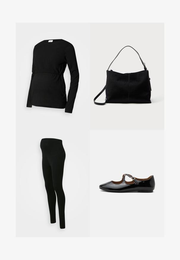 Haut de maternité noir à manches longues en tissu texturé. Doté d'une taille cintrée et de liens sur les côtés pour un ajustement personnalisable.; Leggings de maternité noirs avec une taille haute et un soutien optimal, texture lisse, design ajusté, sans motifs ni embellissements visibles.; Chaussure plate Mary Jane en cuir verni noir avec deux découpes et une bride à boucle dorée sur fond blanc.; Sac à bandoulière noir avec une surface lisse et texturée, doté d'une seule sangle et d'une fermeture éclair en haut. Forme rectangulaire compacte.