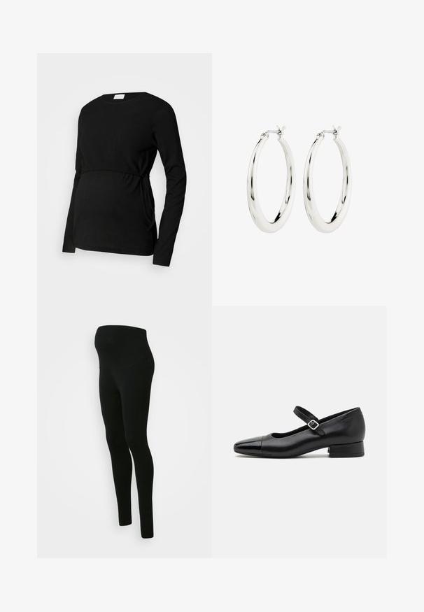 Top de maternidad negro de manga larga hecho de un tejido texturizado. Cuenta con una cintura fruncida y lazos laterales para un ajuste ajustable.; Leggings de maternidad negros con una cinturilla alta y de soporte, textura suave, diseño ajustado y sin patrones ni adornos visibles.; Zapatos Mary Jane de cuero negro con puntera de charol, correa de tobillo ajustable y tacón bajo. Textura suave y diseño elegante.; Pendientes de aro de plata con un acabado suave y brillante. Forma circular, con un cierre seguro. Diseño sencillo y elegante.