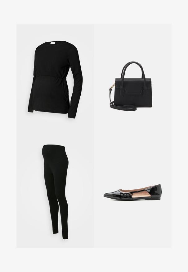 Top de maternidad negro de manga larga hecho de un tejido texturizado. Cuenta con una cintura fruncida y lazos laterales para un ajuste ajustable.; Leggings de maternidad negros con una cinturilla alta y de soporte, textura suave, diseño ajustado y sin patrones ni adornos visibles.; Zapato plano puntiagudo de charol negro con corte lateral y pequeño lazo decorativo en el borde exterior.; Bolso estructurado negro de cuero con un asa superior, correa de hombro desmontable y un detalle de tapa en la parte frontal. Acentos en dorado.