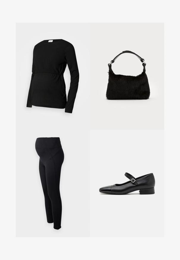 Schwarzes Langarm-Maternity-Top aus strukturiertem Stoff. Es hat eine geraffte Taille und seitliche Bänder für eine verstellbare Passform.; Schwarze Schwangerschaftsleggings mit hohem Bund, hergestellt aus elastischem Material. Sie verfügen über eine glatte Textur und ein figurbetontes Design für höchsten Komfort.; Schwarze Leder-Mary-Jane-Schuhe mit einer patentierten Zehenkappe, verstellbarem Knöchelriemen und niedrigem Blockabsatz. Glatte Textur und elegantes Design.; Schwarze Kunstfell-Handtasche mit weicher Textur, runder Form und einem stabilen schwarzen Leder-Schulterriemen. Sichtbare silberne Hardware-Akzente.