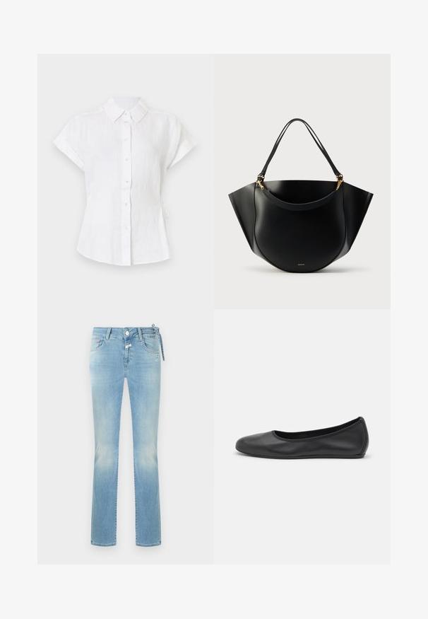 Blouse blanche à manches courtes avec boutons et col, légèrement cintrée à la taille, présentée sur un fond clair uni.; Jean en denim bleu clair à jambes droites avec poches avant, fermeture à boutons et un petit nœud décoratif sur le côté droit de la taille.; Ballerines en cuir noir avec un bout rond, texture lisse, détails de couture minimalistes et design de semelle flexible.; Sac à main en cuir noir à la forme arrondie unique, doté de deux fines anses et d'un ornement en métal doré. Texture lisse et marquage minimaliste.