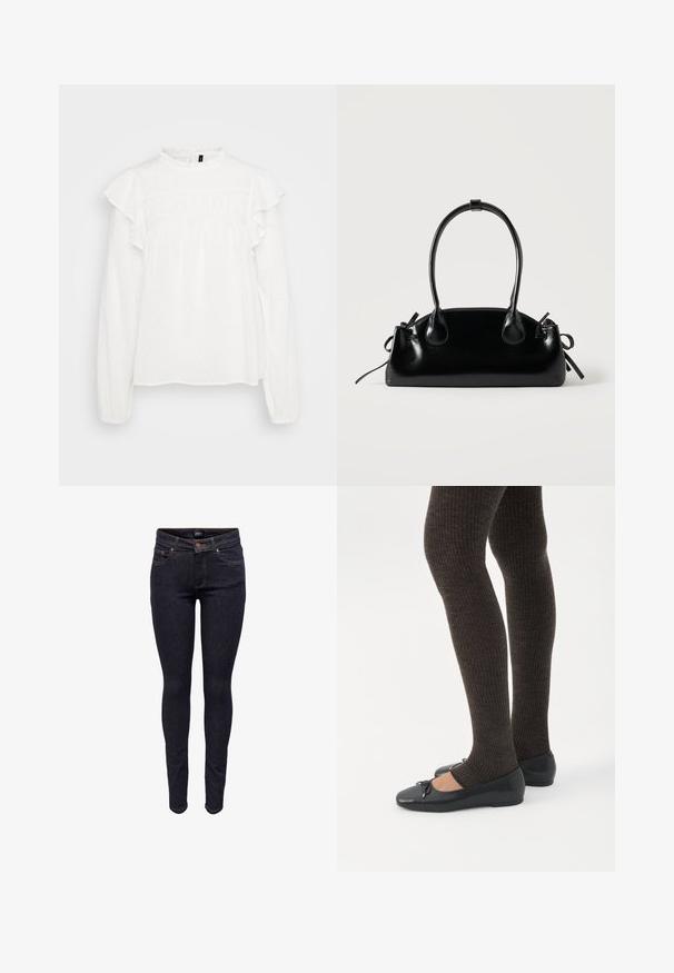 Blusa blanca de manga larga con hombros rizados, cuello alto, tejido texturizado y puños elásticos.; Vaqueros ajustados de mezclilla azul oscuro con botones frontales y bolsillos, costuras visibles y etiqueta de marca en la pretina.; Piernas con leggings oscuros acanalados combinados con bailarinas negras que presentan pequeños detalles de lazo sobre un fondo blanco.; Pequeño bolso negro brillante con dos asas largas y detalles de cordón lateral sobre un fondo claro liso.