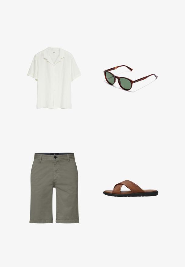 Wit overhemd met korte mouwen en knopen en een campkraag, gemaakt van lichtgewicht stof, afgebeeld op een effen witte achtergrond.; Khaki shorts van een gladde katoenmix, met een rits, knoopsluiting en voorzakken. Rechtestraat ontwerp, knielange pasvorm.; Bruine leren sandaal met gekruiste banden, platte zwarte zool en 'bugatti' gegraveerd op het bovenste bandje, weergegeven in zijaanzicht tegen een witte achtergrond.; Bruine schildpaddenbril met ronde monturen, groene lenzen en gemusterde pootjes. Heeft het merklogo op één poot.