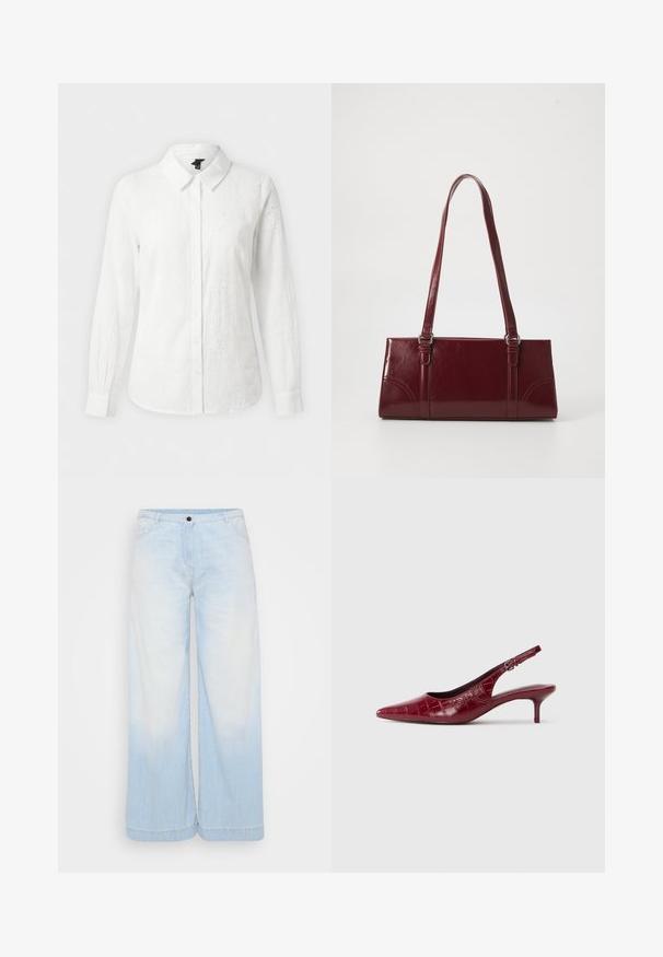Witte blouse met lange mouwen, knopen, kraag, subtiele bloemenborduursel met oogjes en aansluitende manchetten op een effen achtergrond.; Lichtblauwe denim wide-leg jeans met een gradient was, voorzien van een knoopsluiting, voorzakken en contrasterend stiksel langs de zoom.; Bordeaux lederen slingback pump met krokodillenstructuur, puntige neus, verstelbare gesp en lage kittenhak op een witte achtergrond.; Bourgondische handtas van glanzend materiaal, rechthoekige vorm, met twee schouderbanden en subtiele gebogen accenten aan de voorkant.