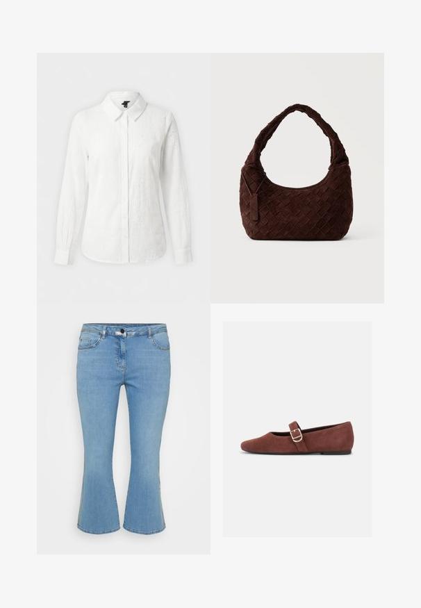 Hvid langærmet skjorte med knapper, krave, subtil blomsterbroderi og tætsiddende manchetter på en ensfarvet baggrund.; Lys blå denim flared jeans med fem lomme-design, der har en knaplukning og kontrasterende syninger langs sømmene.; Brun ruskind Mary Jane-flad sko med en guldspænde og sort sål på hvid baggrund.; Mørkebrun vævet skuldertaske i læder med blød, afrundet form og bred hank, med et lille fastgjort lædermærke.