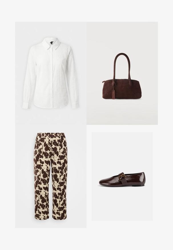 Hvid langærmet skjorte med knapper, krave, subtil blomsterbroderi og tætsiddende manchetter på en ensfarvet baggrund.; Brune og creme mønstrede sweatpants med elastisk talje og lige ben-design, fremstillet af blødt, let stof.; Mørkebrun laklædersko med stor guldlås og rund tå, vist i sideprofil på hvid baggrund.; Mørkebrun ruskindshåndtaske med to lange håndtag og en lille fastgjort tag, sat mod en ensfarvet lys baggrund.