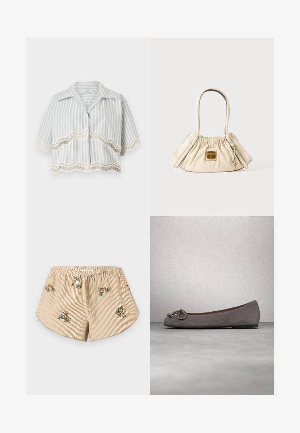 Kortemouwen cropped blouse met blauwe verticale strepen en gegolfde kanten afwerking aan mouwen en zoom, knoopsluiting aan de voorkant, open kraag.; Beige en wit gestreepte shorts met een elastische tailleband, een strik aan de voorkant, een afgeronde zoom en kleine bloemmotieven verspreid over de stof.; Grijze suède ballerina's met een ronde neus, een geknoopt touwaccent en een subtiele contrasterende rand langs de rand. Platte, flexibele zool.; Crèmekleurige zachte leren handtas met geplooide bovenkant, twee handvatten en een kleine rechthoekige sluiting in goudkleur aan de voorkant.