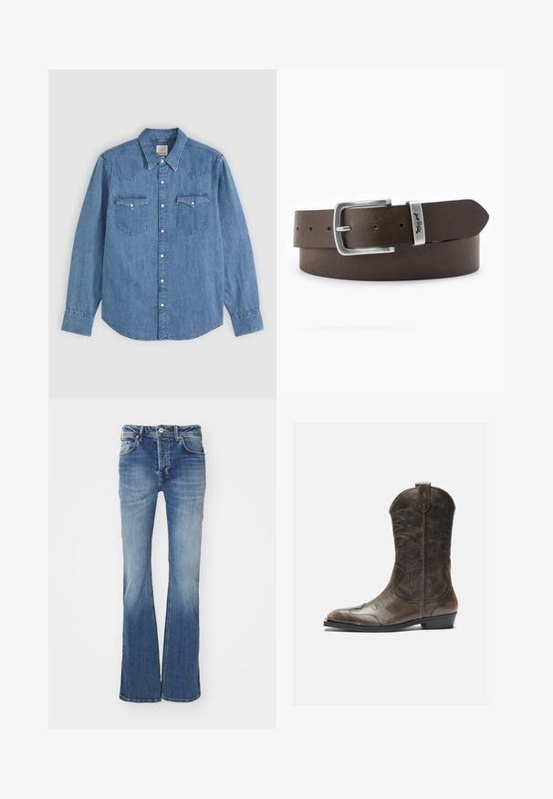 Langärmliges blaues Jeanshemd mit spitzem Kragen, geknöpfter Vorderseite und zwei Brusttaschen mit Knopfklappen vor einfarbigem Hintergrund.; Ausgestellte blaue Jeans aus Denim mit mittlerem Waschungsgrad, im Fünf-Taschen-Design und mit Knopfverschluss. Verfügt über eine ausgebleichte Textur und leichte Abnutzungsspuren.; Braune Leder-Cowboystiefel mit hohem Schaft, spitzem Zehenbereich, aufwendigen Stickmustern und kleinem Absatz. Strukturierte Oberflächenbeschaffenheit.; Brauner Ledergürtel mit einer silbernen Metallschnalle, die eine rechteckige Form hat, sowie mehreren Löchern zur Größeneinstellung.