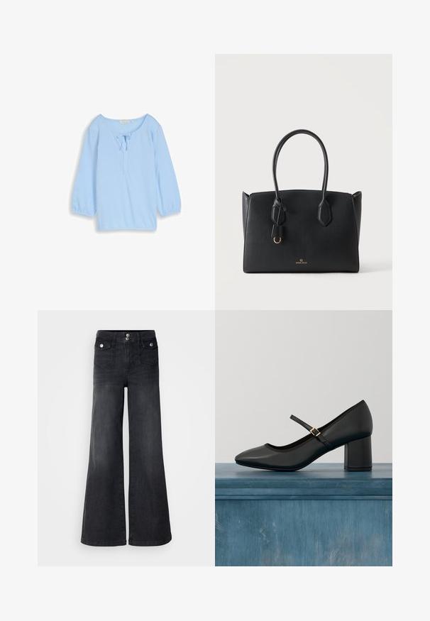 Lyseblå bluse med vertikale striber, lange ærmer, bindedetalje foran og rund halsudskæring. Glat stof med løs pasform.; Sorte denim brede ben jeans med høj talje, forknapper og to forlommer; glat tekstur med en let falmet finish.; Sort Mary Jane-sko med blokhæl og guldfarvet spænde, svævende over et glat betongulv i en minimalistisk indendørs setting.; Sort rektangulær håndtaske med to håndtag, lille guldringdetalje og "ANNA FIELD"-logo foran i midten mod hvid baggrund.
