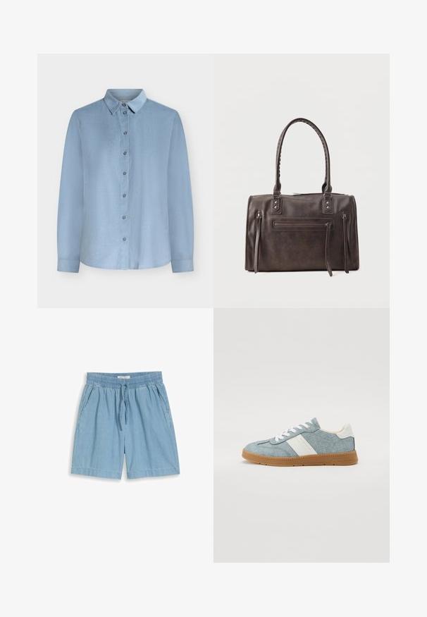 Lichtblauw overhemd met lange mouwen en knopen, met een spitse kraag en eenvoudige manchetten, afgebeeld tegen een effen witte achtergrond.; Lichtblauwe denimshorts met elastische tailleband en gebonden trekkoord, voorzien van zijzakken en rechte zoom.; Denim canvas sneaker met lichtblauwe bovenkant, witte zijstreep en rubberen gumzool. Voorzien van witte veters en een gevoerde kraag.; Donkerbruine leren handtas met dubbele handvatten, een voorvak met rits en twee verticale zijritsdetails op een witte achtergrond.