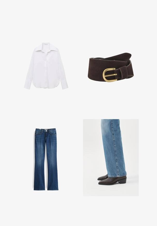 Witte long-sleeve blouse met een klassieke kraag, relaxte pasvorm, zijsplitten en een soepele textuur gemaakt van lichtgewicht stof.; Geweide blauwe denim jeans met een middelhoge taille, vijf zakken en een frontale knoopsluiting. De stof vertoont lichte vervaging voor een textuur.; Bruine leren enkellaarzen met een spitse neus en blokhak, gecombineerd met lichtblauwe recht gesneden jeans, die een schoon en eenvoudig ontwerp tonen.; Bruine suède riem met een gouden metalen gesp en bijpassende stiksels. Het ontwerp is breed met een taps toelopende uiteinde voor een veilige pasvorm.
