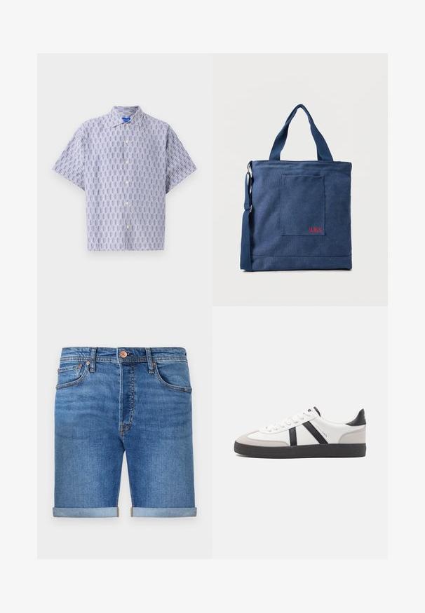 Kurzarm-Hemd in Hellblau mit dunkelblauem geometrischem Muster. Verfügt über einen Kragen und eine lockere Passform. Hergestellt aus leichtem Stoff.; Denim-Shorts in einem mittleren Blauton mit umgeschlagenen Säumen, Fünf-Taschen-Design, Messingknopfverschluss und kontrastierenden Nähten.; Weiße Sneaker mit schwarz- und grau-aczenten, ausgestattet mit einer strukturierten grauen Zehenkappe, schwarzer Gummi-Sohle und flachen weißen Schnürsenkeln. Sauberes Design, minimalistische Stil.; Blauer Canvas-Einkaufstasche mit Vordertasche und roter "O.N.S" Stickerei, ausgestattet mit zwei Griffen und einem verstellbaren Schulterriemen.