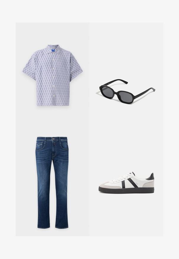 Kortærmet skjorte med knap i lyseblå med mørkeblå geometrisk mønster. Har krave og en afslappet pasform. Fremstillet af letvægtsstof.; Mørkeblå straight-leg jeans med forreste knap, lynlås og design med fem lommer.; Hvide sneakers med sorte og grå detaljer, med en tekstureret grå tåhætte, sort gummisål og flade hvide snørebånd. Rent design, minimalistisk stil.; Zign by Zalando Solbriller - black