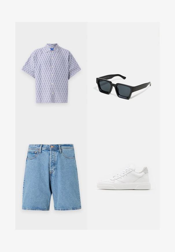 Kurzarm-Hemd in Hellblau mit dunkelblauem geometrischem Muster. Verfügt über einen Kragen und eine lockere Passform. Hergestellt aus leichtem Stoff.; Helle Jeansshorts mit klassischer Passform, fünf Taschen und kontrastierenden Nähten. Mit Knopfverschluss und ausgefranstem Saum.; Weiße Leder-Sneaker mit glatter Oberfläche, rundem Zehenbereich, flachen Schnürsenkeln und strukturiertem Schuhsohlen. Graues Wildleder-Detail an der Ferse.; Schwarze rechteckige Sonnenbrillen mit dunklen Gläsern. Dickes, glattes Kunststoffgestell mit leicht glänzender Oberfläche und geraden Bügeln.