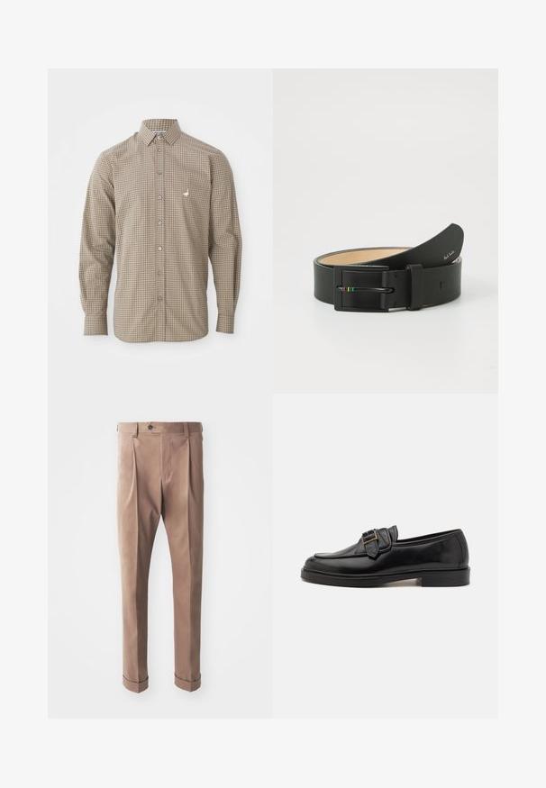 Camisa de manga larga a cuadros en marrón y beige con cuello abotonado, bolsillo y pequeño logo bordado en el pecho.; Pantalones caqui hechos de tela texturizada, con una cintura alta, pliegues y puños enrollados, y un cierre de botón en la cintura.; Mocasines de cuero negro con punta redonda y un acento decorativo de hebilla. Tacón plano y sólido, con una textura suave en todo el zapato.; Paul Smith MEN BELT STRIPE BUCKLE - Cinturón - black