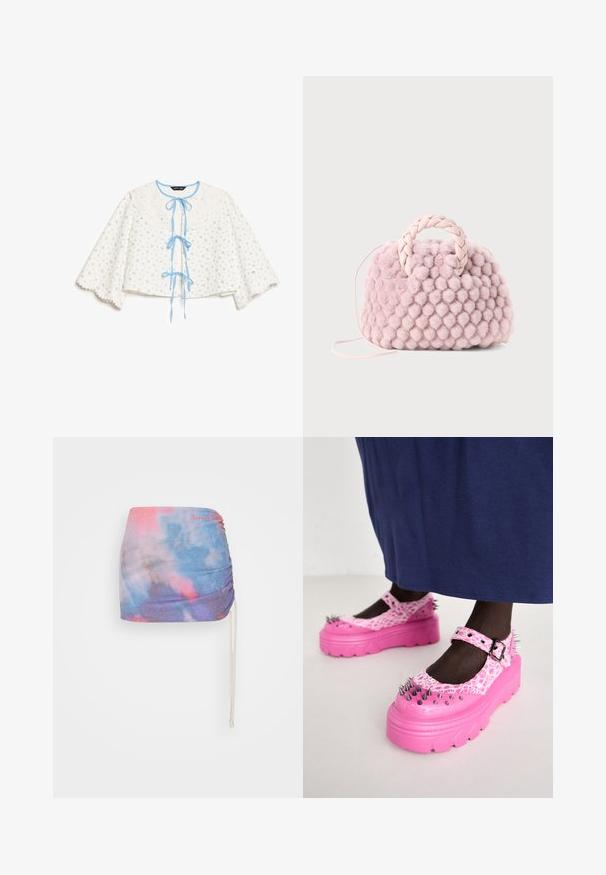 Valge pluus siniste lillemustritega, laiad varrukad, lainelised ääred, suur tikitud krae ja sinised paelad ees.; Rikkariline mini seelik, millel on tie-dye mustri roosa ja sinine toon. Pehme kangas, mille ääres on sisseehitatud pael.; Roosa platvormkingad, millel on tekstureeritud krokodillimuster ja metallist nurgad varvaste ja külgede peal. Omavad reguleeritavat kinnitust.; Roosa pom-pom tekstuuriga käekott, millel on punutud käepide ja õhuke rihm. Ümmargune kuju, pehme pind, kompaktne disain.
