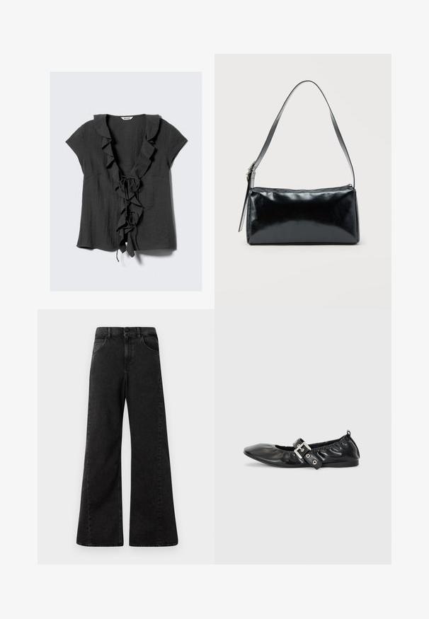 Blusa de manga corta gris oscuro con cuello fruncido y detalle de lazo en la parte delantera, confeccionada en tela ligera y de textura suave.; Vaqueros de mezclilla negros de cintura alta con un diseño de pierna ancha, que cuentan con bolsillos frontales y un cierre de botón en la cintura.; Zapato plano de piel negra con puntera afilada, detalle fruncido alrededor de la abertura y un acento de hebilla plateada en la correa ajustable.; Bolso de hombro rectangular negro con una correa ajustable y un cierre de cremallera superior sobre un fondo liso.