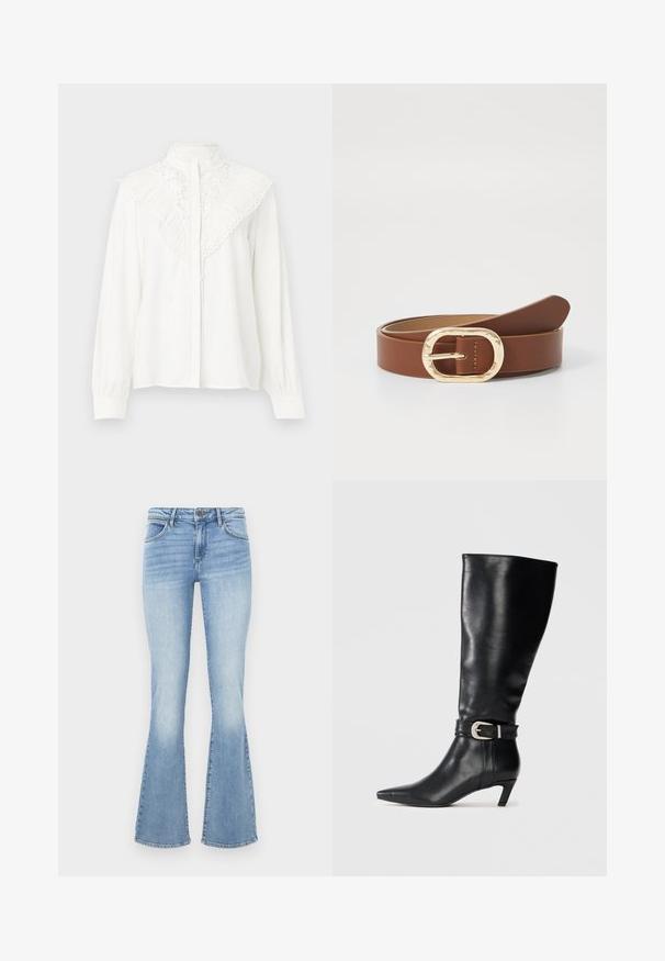 Witte blouse met lange mouwen en hoge kraag, voorzien van kantdetails, ruches op de schouders en een knoopsluiting aan de voorkant. Kwalitatieve stofstructuur.; Lichtblauwe flared jeans van denim. Beschikt over een traditionele vijf-pocketontwerp en een rits met een knoopsluiting. Vervaagde effecten op de dijen.; Zwarte leren kniehoge laars met een spitse neus en een lage kittenheel, voorzien van een decoratieve zilveren gesp bij de enkel. Gladde textuur.; Bruine leren riem met een gouden ovale gesp en gestikte details. Gladde textuur met een minimalistisch ontwerp en een taps toelopende uiteinde.