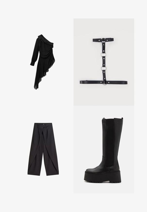 Schwarzes Kleid aus fließendem Stoff, mit einem schulterfreien Design, drapierter Vorderseite, langen Ärmeln und asymmetrischem Saum.; Schwarze Hose mit weitem Bein, überlappenden Vorderteilen und zwei Knöpfen am Bund, flach auf weißem Hintergrund präsentiert.; Schwarze knielange Stiefel mit glattem Lederoberteil, elastischen Seitenpaneelen und einer dicken Plateausohle mit rutschfester Unterseite.; Schwarzer Kunstleder-Geschirr mit silbernen Metallringen und Nieten, ausgestattet mit verstellbaren Riemen, die in einem vertikalen und horizontalen Muster angeordnet sind.