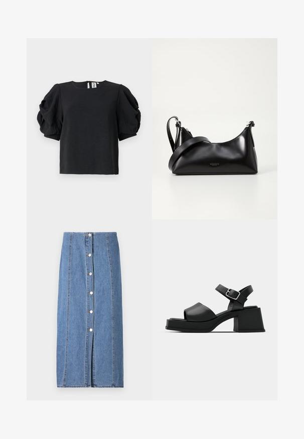 Zwarte top met een textuurafwerking, featuring pofmouwen en een ronde halslijn. Sluiting aan de achterkant met een klein sleutelgat.; Denimrok in lichtblauw met een rechte silhouet. Beschikt over een frontale knoopsluiting, verticale stiksels en een ruwe zoom aan de onderkant.; Zwarte leren platform sandalen met een open teen ontwerp, enkelbandje en een stevige vierkante hak. Soepele textuur en minimalistische stijl.; Zwarte leren handtas met een gladde textuur. Beschikt over een verstelbare schouderband en een strak, minimalistisch ontwerp met een ritssluiting.