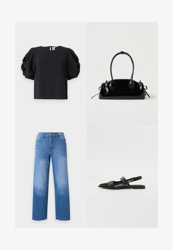 Haut noir avec une finition texturée, présentant des manches bouffantes et un col rond. Fermeture à l'arrière avec un petit trou de serrure.; Jean en denim bleu clair à jambe large, avec cinq poches, un zip sur le devant et un léger délavage sur les cuisses. Finitions propres.; Even&Odd by Zalando Ballerines à brides arrière - black; Petit sac à main noir brillant avec deux longues anses et des détails à cordon sur les côtés sur un fond clair uni.
