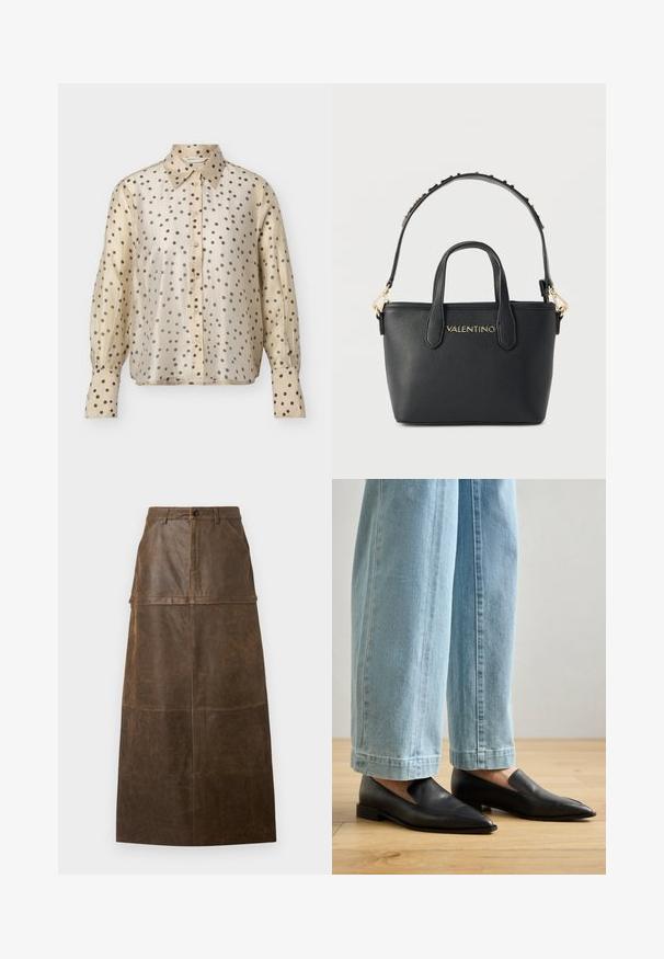 Blusa beige de manga larga con botones, estampada con lunares negros, cuello puntiagudo y puños abotonados.; Falda midi de cuero marrón con cintura alta, bolsillos frontales y una textura suave que presenta costuras visibles.; Zapatos de cuero negro con punta afilada y diseño sin cordones, combinados con jeans de pierna ancha en azul claro, sobre un suelo de madera.; Bolso Valentino negro con logo dorado, dos asas cortas y una correa de hombro desmontable con tachuelas doradas.