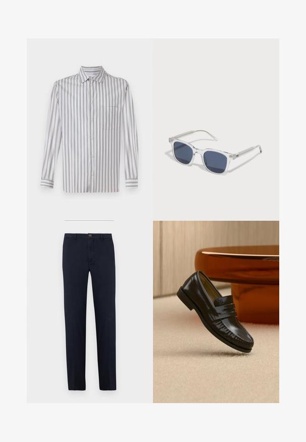 Hellgrau gestreifte Button-up-Bluse mit weißen vertikalen Streifen, langen Ärmeln, Kragen, einer einzelnen Brusttasche und feiner Textur.; Marineblaue Baumwollhose mit geradem Bein, Frontreißverschluss und Ein-Knopf-Verschluss. Glatte Textur ohne sichtbare Muster.; Glänzender schwarzer Leder-Loafer mit einem Riemendetail, auf einem beigen Teppich neben einem runden braunen Couchtisch in einem sanft beleuchteten Raum platziert.; Klare Plastiksonnenbrille mit dunkelblauen Gläsern, rechteckiger Form, dekorativen silbernen Akzenten an den Bügeln und einem strukturierten Muster an den Scharnieren.