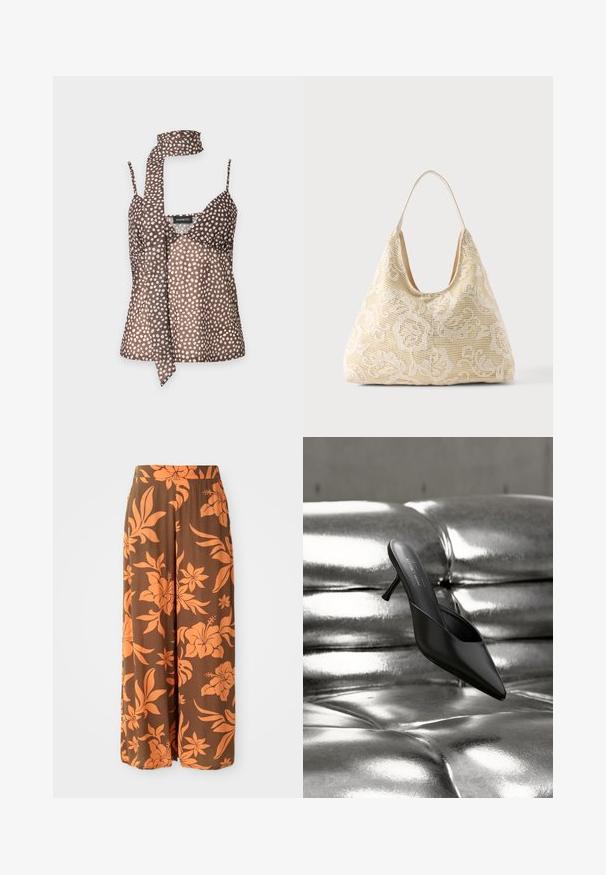 Brun camisole-top med hvide ujævne prikker og matchende langt tørklæde til halsen, tynde stropper og V-udskæring på ensfarvet baggrund.; Brune brede bukser med et orange blomstermønster. Glat tekstur med høj talje og sidelommer. Afslappet og let design.; Sort mule med spids tå og slank hæl placeret på en skinnende, metallisk sølv polstret overflade.; Kremfarvet stoftaske med hvidt blomsterhæklet mønster og en enkelt tynd skulderrem på ensfarvet baggrund.