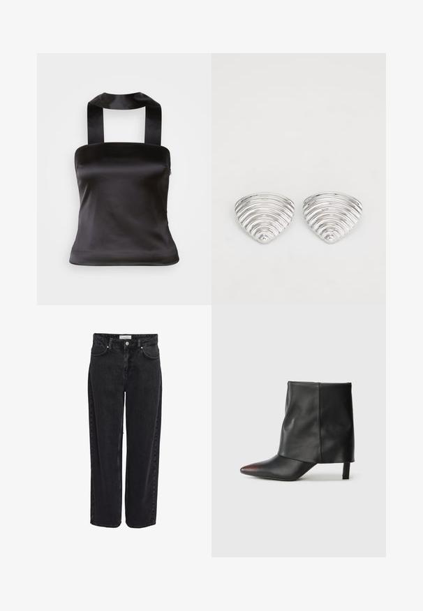 Top en satin noir avec un décolleté carré et de larges bretelles qui se nouent à l'arrière. Texture lisse et coupe ajustée pour une silhouette élégante.; Jean en denim noir taille haute, coupe large, avec cinq poches et fermeture éclair. Texture lisse avec détails de couture minimaux visibles.; Bottine noire en cuir lisse avec un bout pointu et un talon effilé. La tige présente un design légèrement froncé.; Boucles d'oreilles en argent avec un design ondulé et texturé, en forme de croissants superposés ; la finition polie accentue les qualités réfléchissantes.