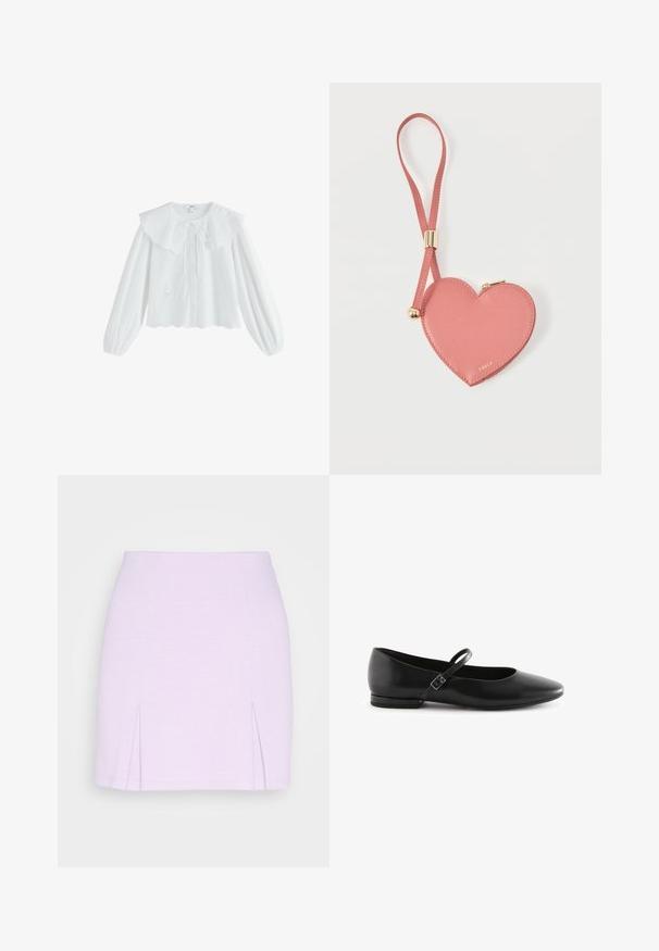 Witte blouse met een grote, geplooide kraag, knoopsluiting aan de voorkant en lange mouwen. Voorzien van geborduurde bloemenpatronen en een afgeronde zoom.; Even&Odd by Zalando Minirok - lilac; Zwarte leren balletschoenen met een puntige neus, platte zool en een enkele enkelband met een rechthoekige gesp. Glad oppervlak overal.; Roze leren muntportemonnee in hartvorm met polsbandje en gouden rits, gebrandmerkt met kleine gouden tekst "Furla".