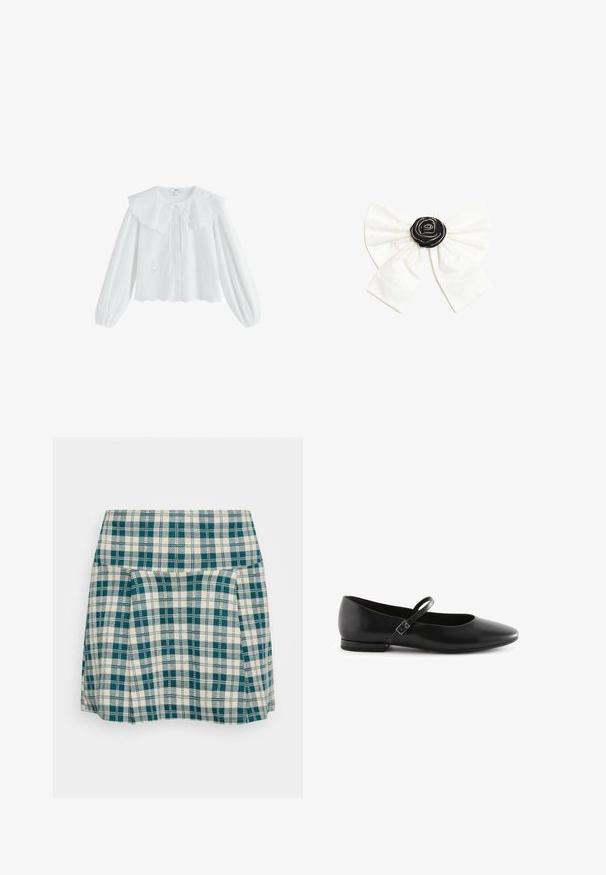 Hvid bluse med stor, flæset krave, knapper foran og lange ærmer. Har broderede blomsterdekorationer og bølget kant.; Skotsk nederdel i creme og teal, med plisseringer, en tætsiddende talje og et let stof. Distinktiv ternet mønster hele vejen igennem.; Sorte læder balletflade med spids tå, flad sål og en enkelt ankelrem med en rektangulær spænde. Glat tekstur hele vejen igennem.; Hvid stofsløjfe med en sort roset i midten pyntet med små sølvperler på en ensartet hvid baggrund.
