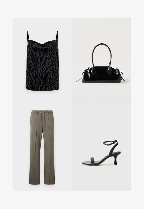 Camisole noire avec une surface brillante, présentant un motif de zèbre abstrait texturé en gris contrastant. Bretelles fines ajustables.; Pantalons kaki avec une coupe droite, taille à cordon de serrage et deux plis sur le devant. Fabriqués dans un tissu doux et texturé.; Sandale à talon en cuir noir avec une sangle de cheville, présentant un design élégant, un bout ouvert et un talon effilé pour une silhouette épurée.; Petit sac à main noir brillant avec deux longues anses et des détails à cordon sur les côtés sur un fond clair uni.