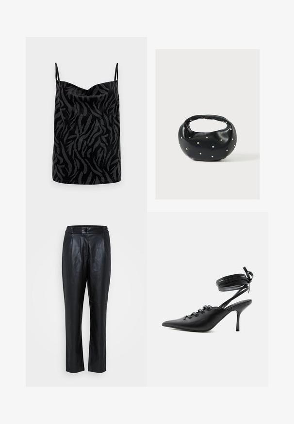 Camisole noire avec une surface brillante, présentant un motif de zèbre abstrait texturé en gris contrastant. Bretelles fines ajustables.; Pantalons en cuir noir avec une texture lisse, design à jambe fuselée, taille élastique et détails de couture à l'avant. Adaptés pour un port décontracté ou formel.; Chaussure à talon haut noire à bout pointu avec laçage à l'avant et brides enroulées autour de la cheville nouées en nœud, vue de côté sur fond blanc.; Sac à main en cuir noir de forme arrondie, décoré de clous argentés et équipé d'une poignée courte. Texture lisse et fermeture éclair.