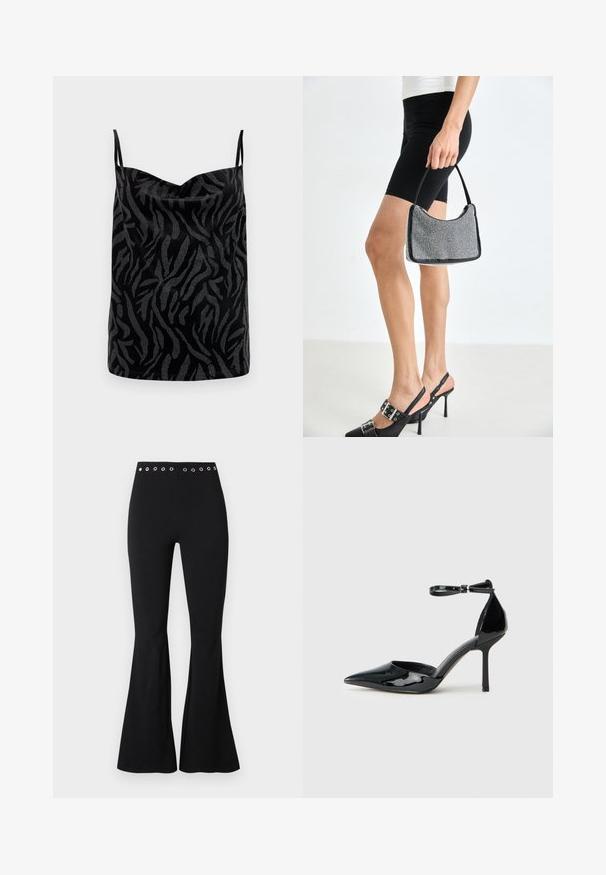 Camisole noire avec une surface brillante, présentant un motif de zèbre abstrait texturé en gris contrastant. Bretelles fines ajustables.; Pantalon noir taille haute ajusté avec des œillets métalliques sur la ceinture et des jambes évasées.; Chaussure à talons hauts en cuir verni noir avec bout pointu, bride autour de la cheville et talon aiguille fin ; texture lisse et brillante avec un design minimaliste.; Sac à main à perles noires avec une silhouette courbée, une poignée de transport et une texture brillante. Porté avec des chaussures à talons hauts noires et un short noir ajusté.
