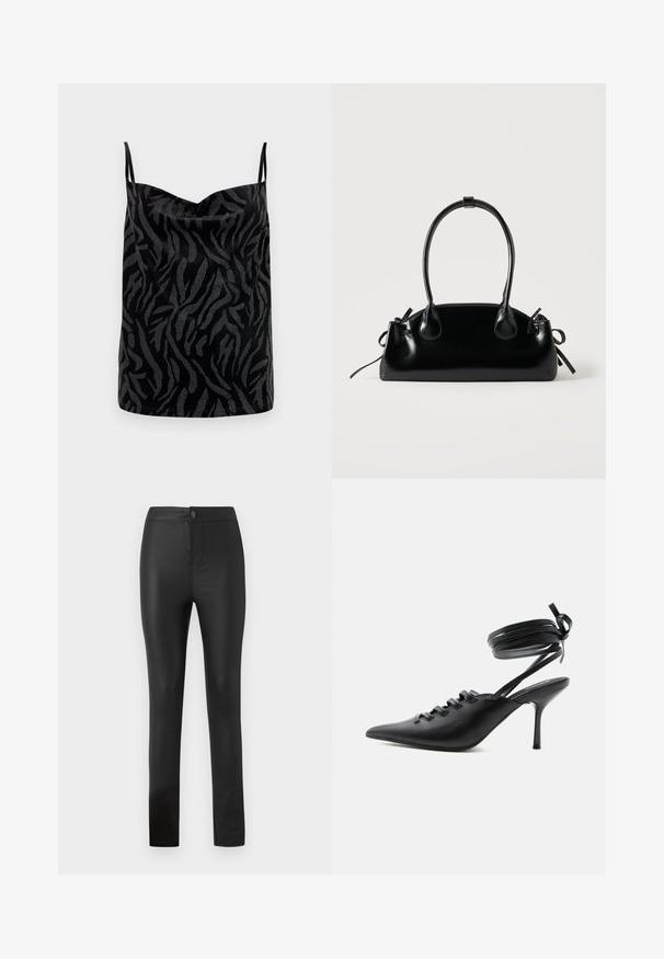 Camiseta negra sin mangas con una superficie brillante, que presenta un patrón abstracto de cebra texturizado en un gris contrastante. Tirantes finos ajustables.; Leggings negros hechos de un material elástico y suave con un diseño ajustado, que presentan un cierre frontal con botón y cremallera, y piernas rectas.; Zapato de tacón alto negro con punta puntiaguda, con cordones en la parte delantera y correas que rodean el tobillo atadas con un lazo, mostrado de lado sobre un fondo blanco.; Pequeño bolso negro brillante con dos asas largas y detalles de cordón lateral sobre un fondo claro liso.