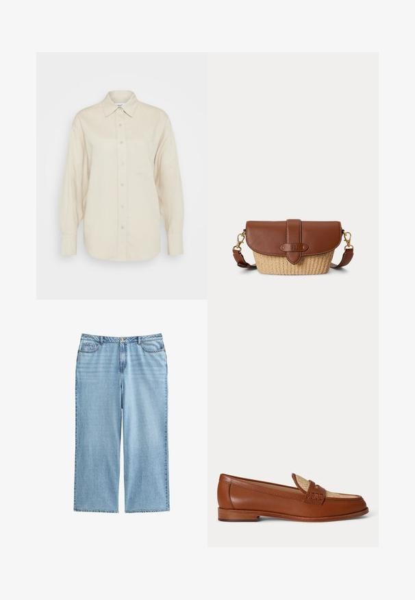 Camisa beige de botones confeccionada en tela ligera, con mangas largas, un bolsillo en el pecho y un diseño de cuello clásico.; Culottes de mezclilla azul claro con cintura alta, piernas anchas y diseño de cinco bolsillos, con costuras en contraste y cierre de botón.; Mocasín de cuero marrón con panel beige tejido en la parte superior, tacón bajo de madera y diseño tradicional de correa de moneda sobre fondo blanco.; Bolso bandolera de cuero marrón y paja tejida con cierre de solapa y correa ajustable con cierres en tono dorado.