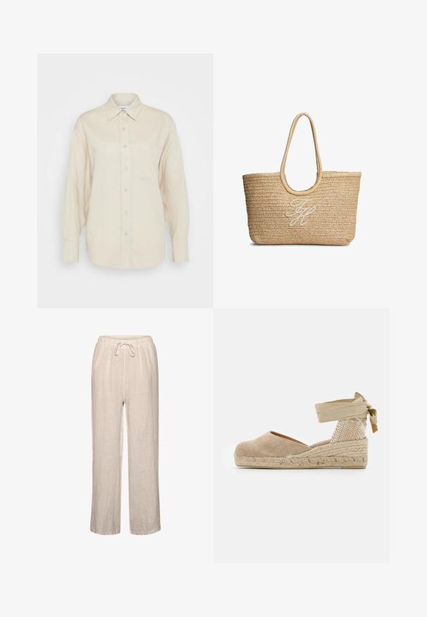 Camisa beige de botones confeccionada en tela ligera, con mangas largas, un bolsillo en el pecho y un diseño de cuello clásico.; Pantalones de lino en beige claro con cintura elástica y cordón, que presentan un corte relajado y diseño de pierna recta.; Espadrille beige con parte superior de lona, tacón tejido texturizado y suela de yute trenzado; cuenta con una correa atada al tobillo para un ajuste seguro.; Bolso tote de paja beige tejido con asas redondeadas y iniciales en cursiva bordadas en blanco en el centro delantero.