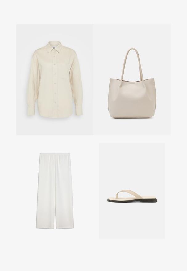 Chemise beige à boutons, fabriquée en tissu léger, avec des manches longues, une poche poitrine et un col classique.; Pantalon blanc à jambes larges avec taille élastique. Tissu lisse et léger ; coupe longue et droite. Aucun motif ni accent visible.; Sandale plate beige à bride en forme de tongs avec une semelle intérieure rembourrée et une semelle noire, vue de côté sur fond blanc.; Sac fourre-tout en cuir beige avec deux poignées, texture lisse et design ouvert. Présente un style minimaliste sans quincaillerie visible.